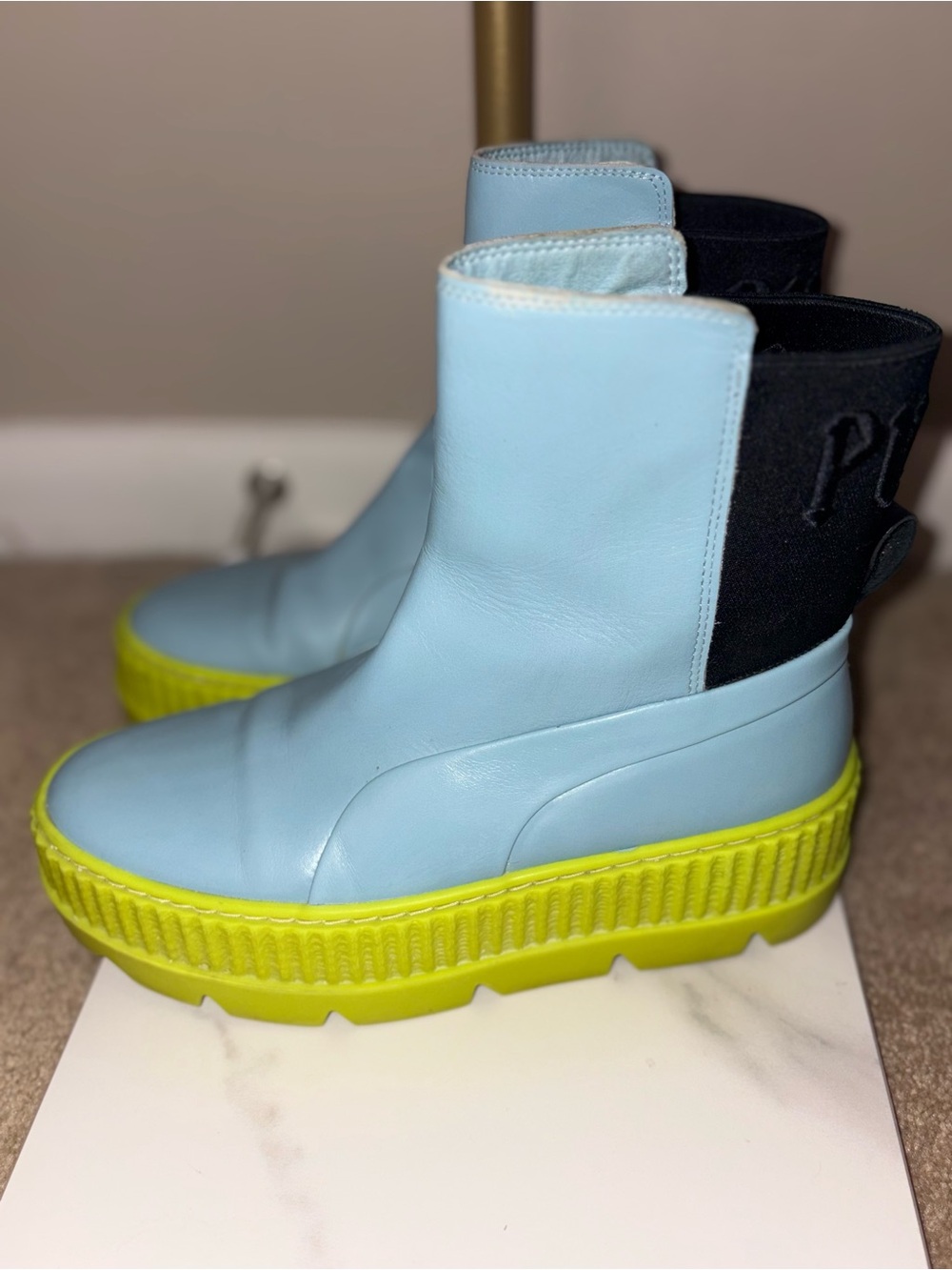 Puma Fenty Light Blue and Neon Green Chelsea Boots